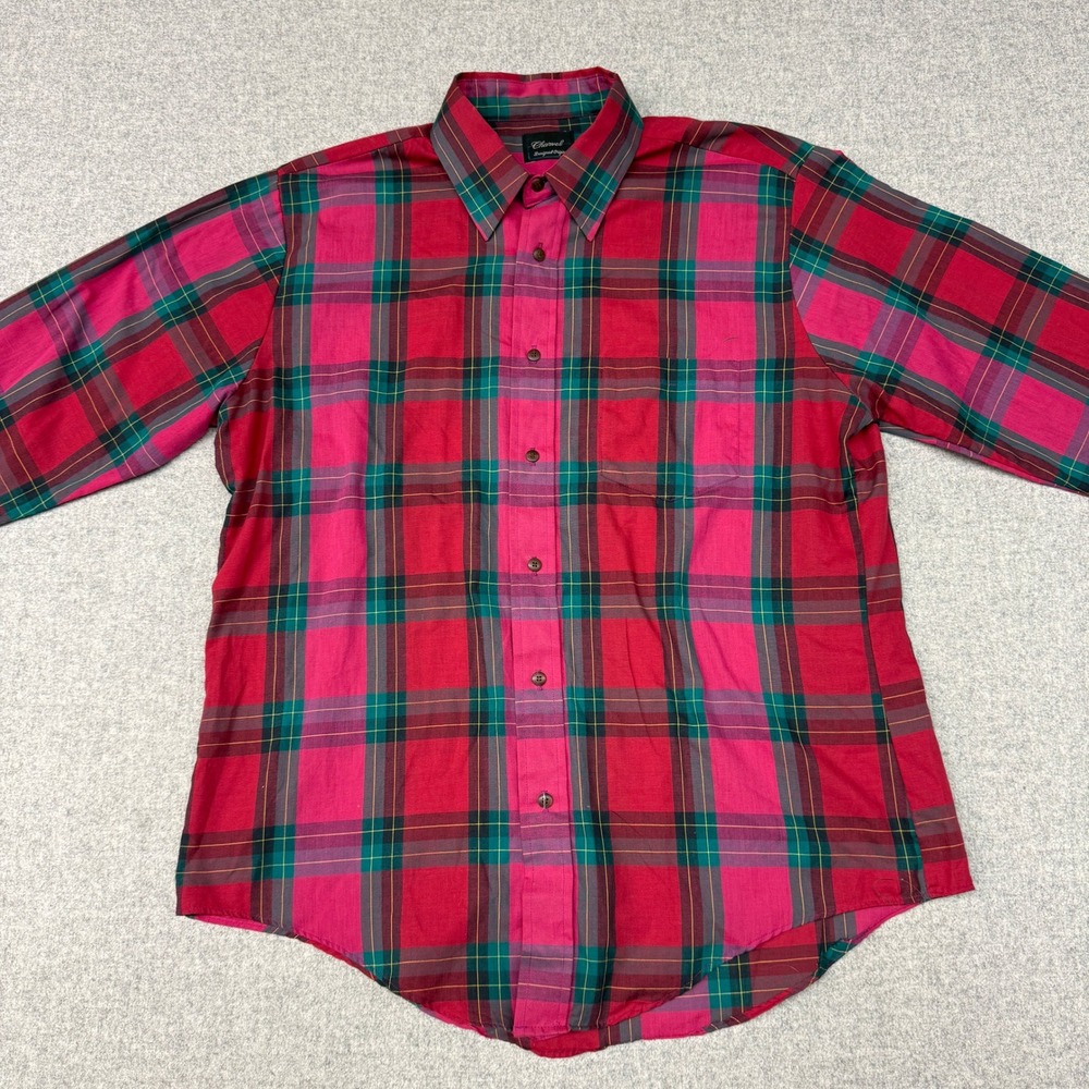 Charvel Button Down Shirt Large Red Green Plaid Long Sleeve Pocket Made in USA